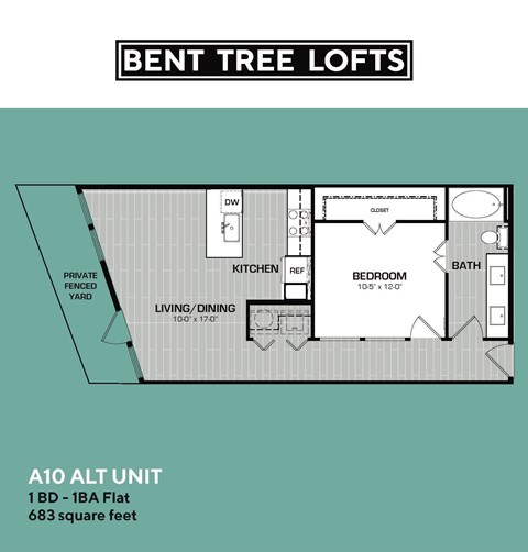 Floor plan for 1 bed, 1 bath, 683 sqft
